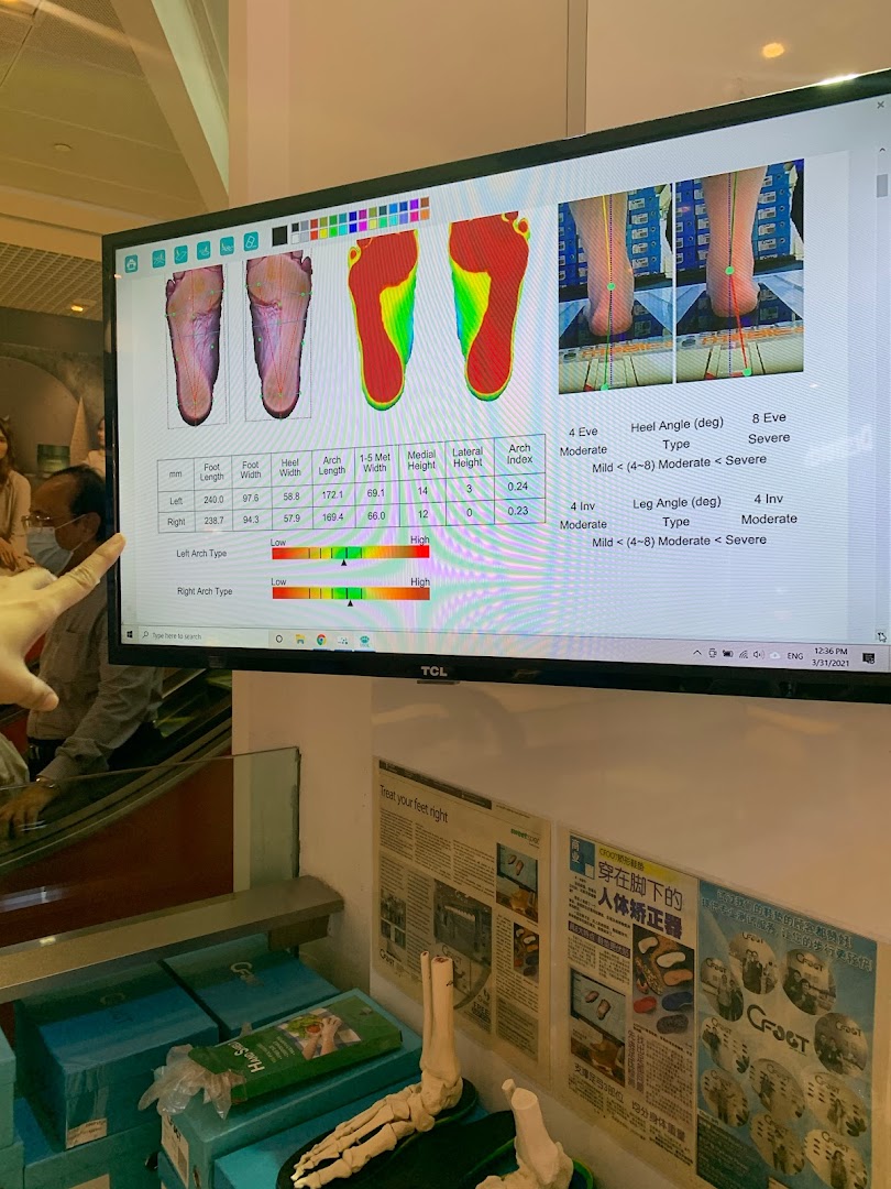 A screen displays detailed foot analysis data, alongside a skeletal foot model and product boxes, indicating specialized foot care services.