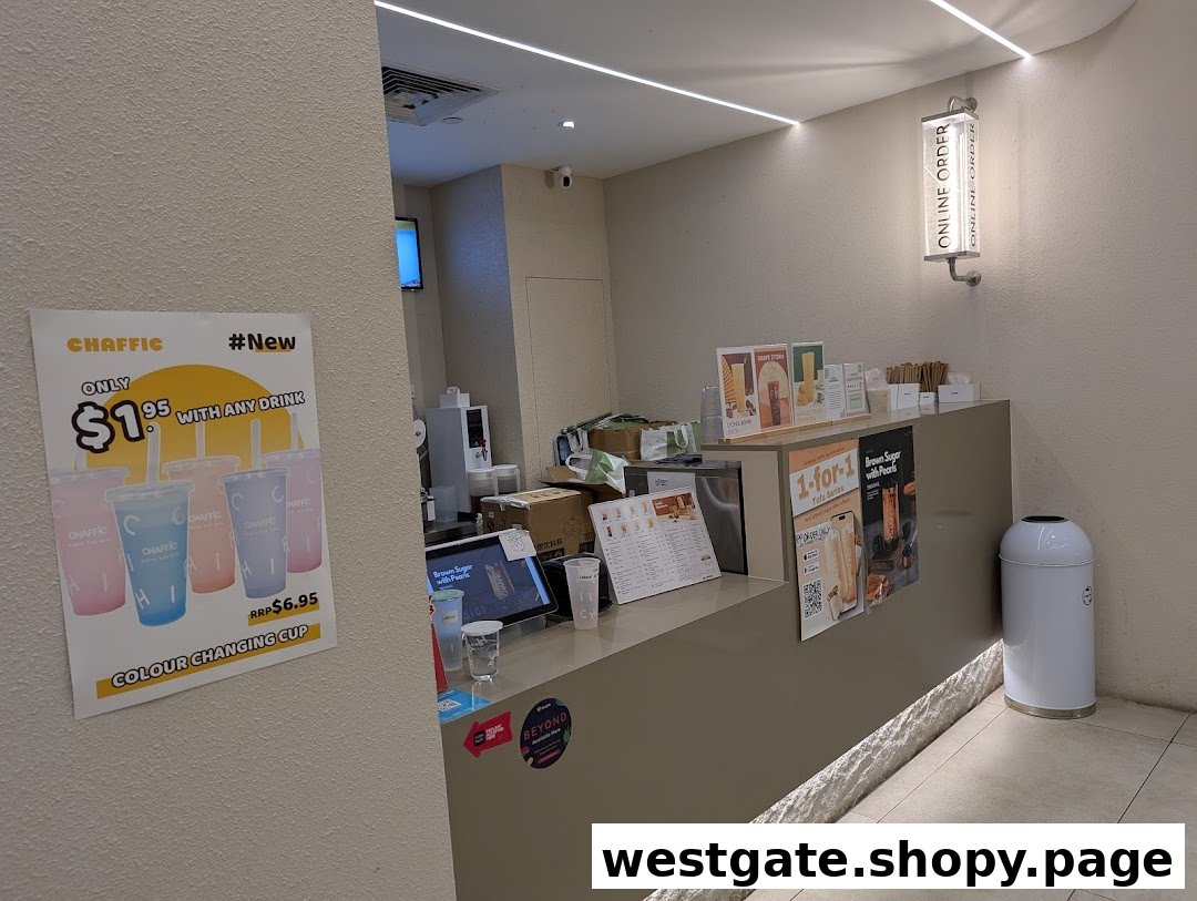 A view of Chaffic's modern counter area, featuring promotional displays and a clean design.