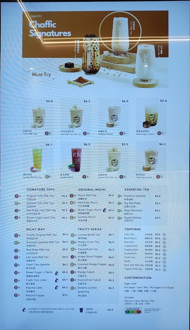 A detailed digital menu board for Chaffic, showcasing various bubble tea and beverage options with prices.