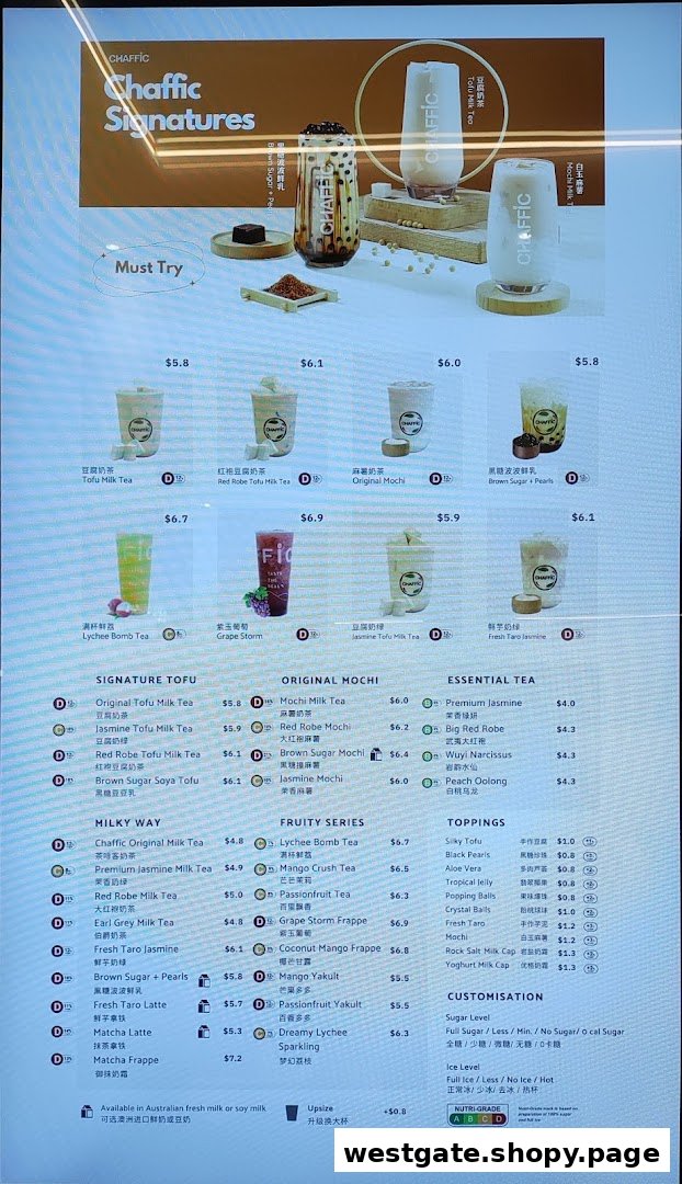 A detailed digital menu board for Chaffic, showcasing various bubble tea and beverage options with prices.