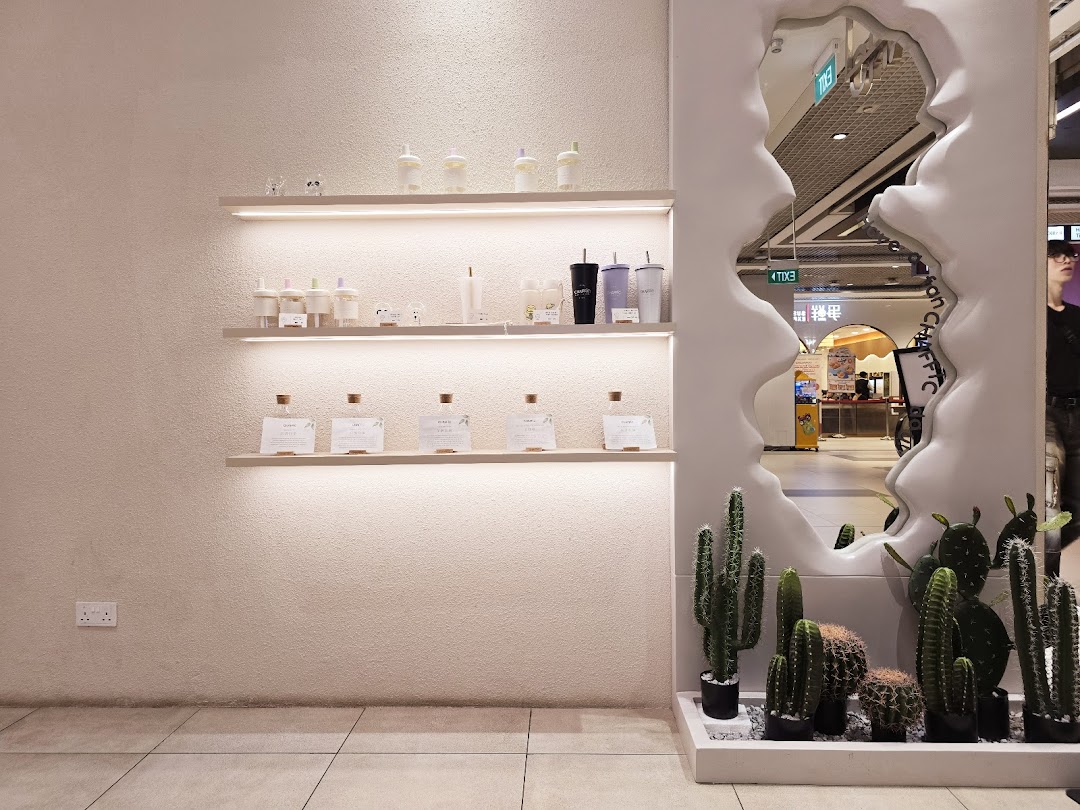 A modern retail display featuring minimalist products, decorative cacti, and a unique mirror reflecting the mall.