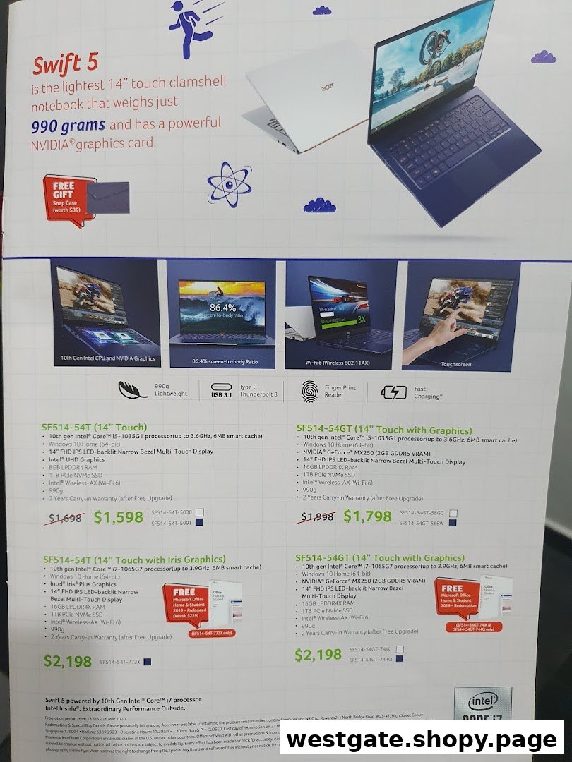 An advertisement displaying Acer Swift 5 laptops with detailed specifications, features, and pricing.