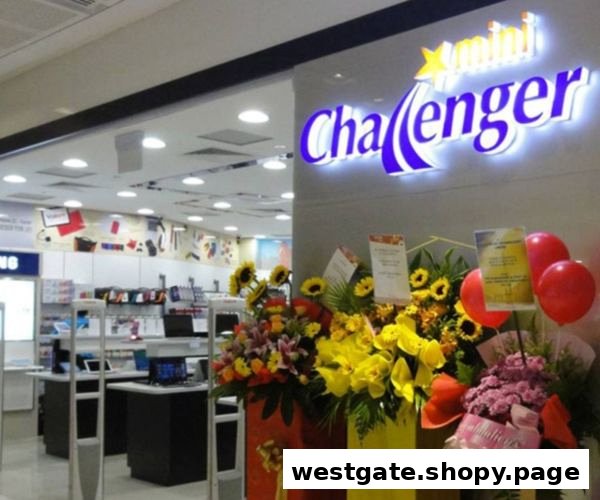 The brightly lit entrance of Challenger Mobile Westgate, adorned with vibrant floral arrangements and balloons.