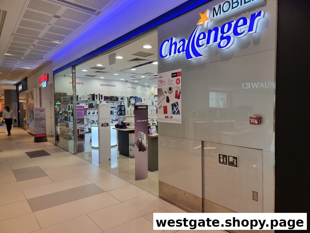 The brightly lit entrance of Challenger Mobile Westgate, showcasing electronics and accessories.