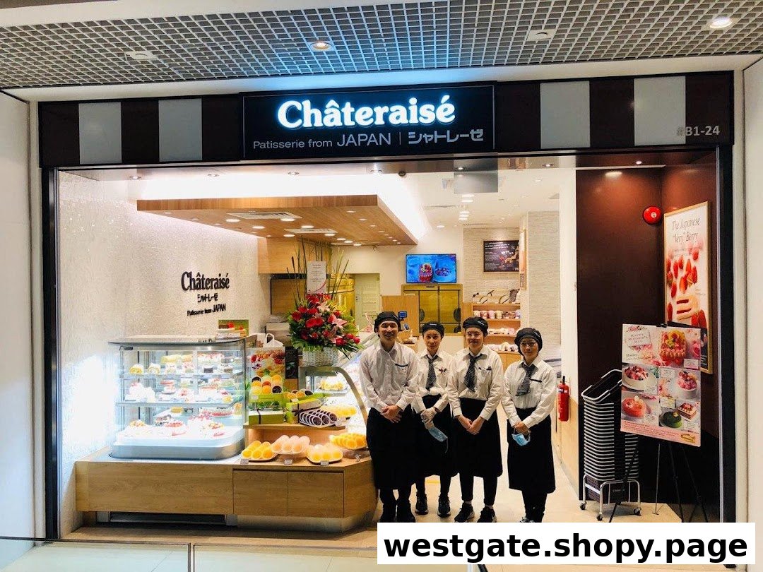 The vibrant storefront of Châteraisé, a Japanese patisserie, showcasing its entrance, display cases, and friendly staff.