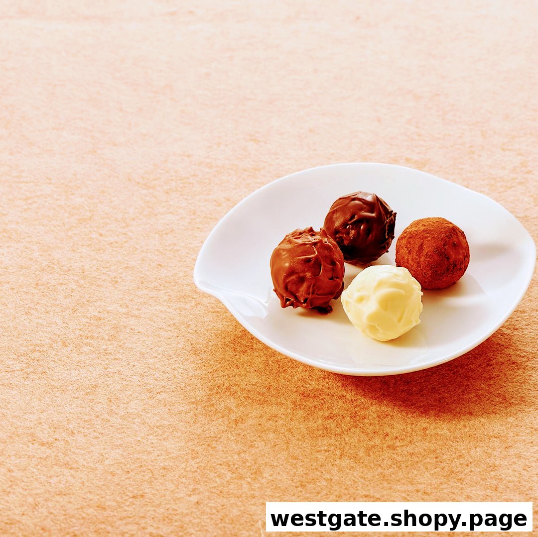 Four delicious chocolate truffles, including dark, milk, and white chocolate, presented on a white plate.