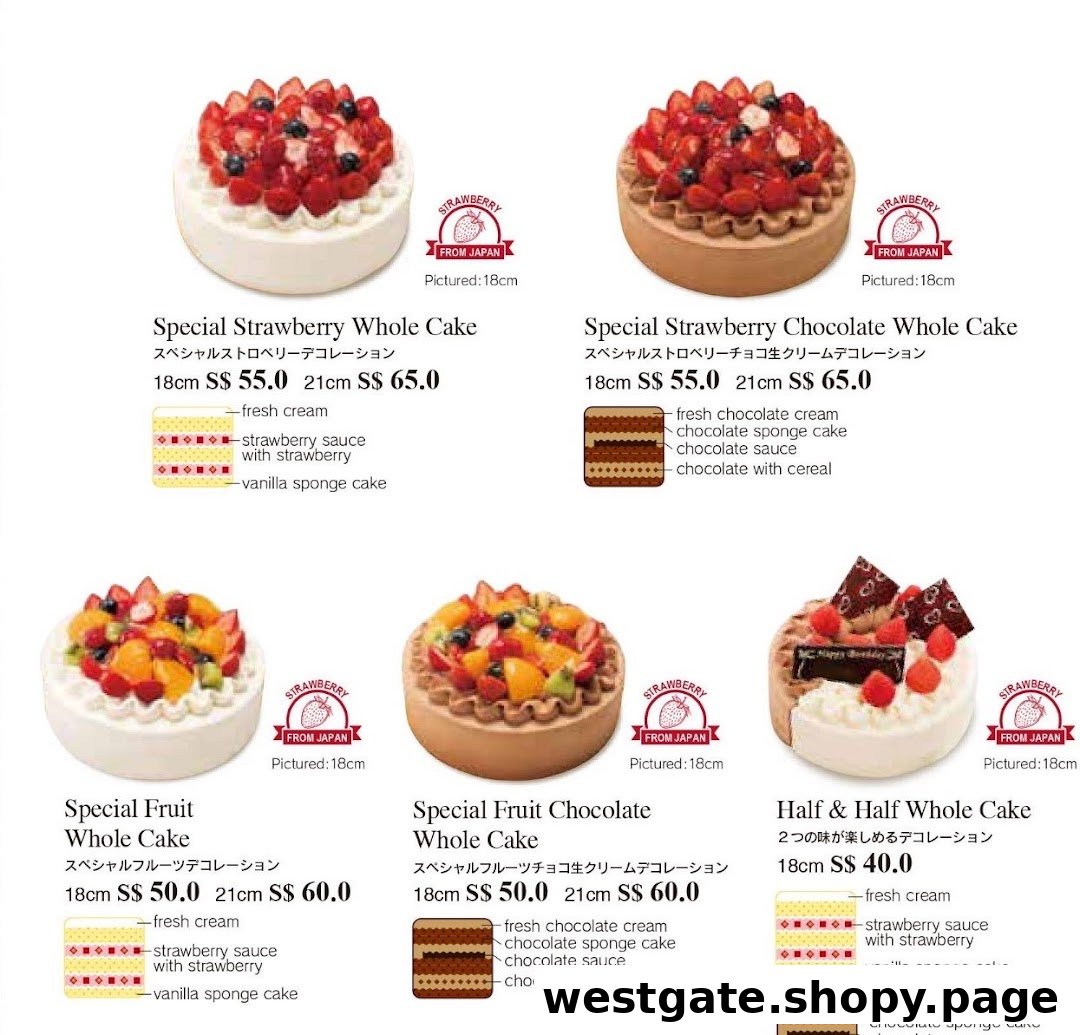 A menu displaying various whole cakes with detailed descriptions, sizes, and prices from Châteraisé.
