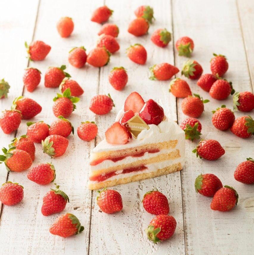 A delectable slice of strawberry shortcake adorned with fresh strawberries on a rustic white wooden surface.
