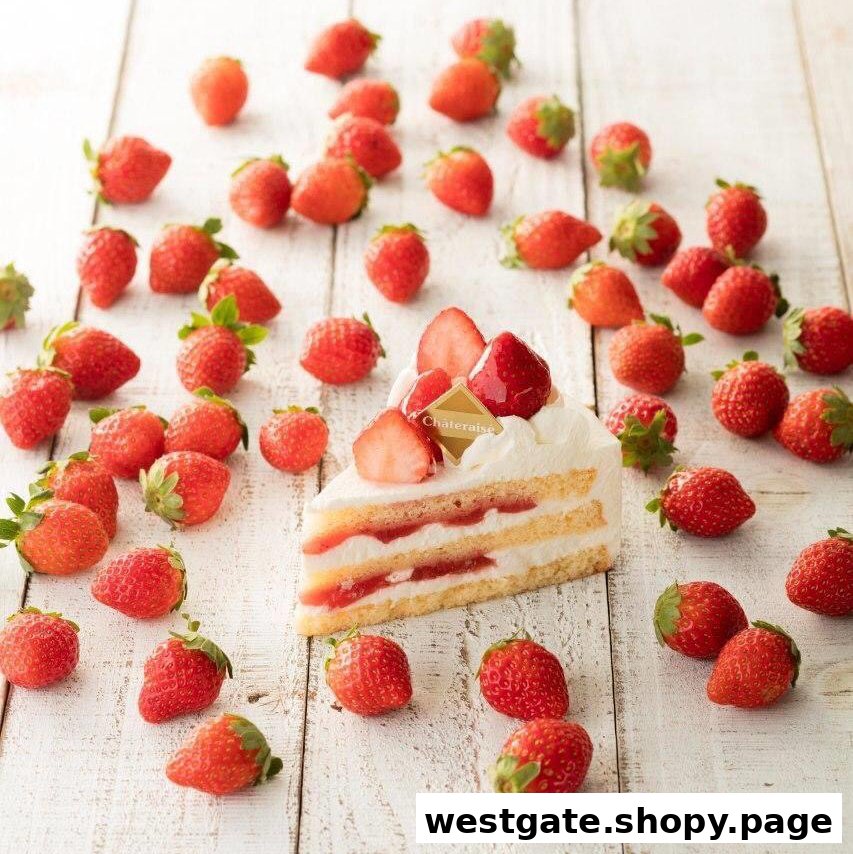 A delectable slice of strawberry shortcake adorned with fresh strawberries on a rustic white wooden surface.