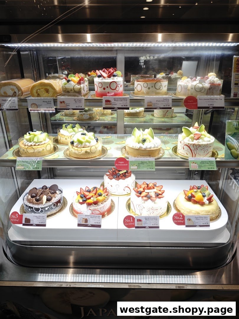 A vibrant display case showcasing a variety of beautifully decorated cakes and pastries at Châteraisé.