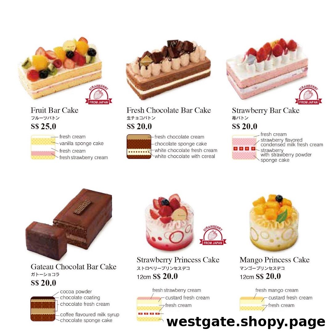 A menu displaying various bar cakes and princess cakes with their ingredients and prices.