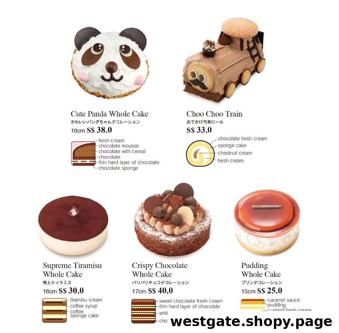 A delightful menu showcasing various whole cakes, including panda, train, tiramisu, chocolate, and pudding designs.