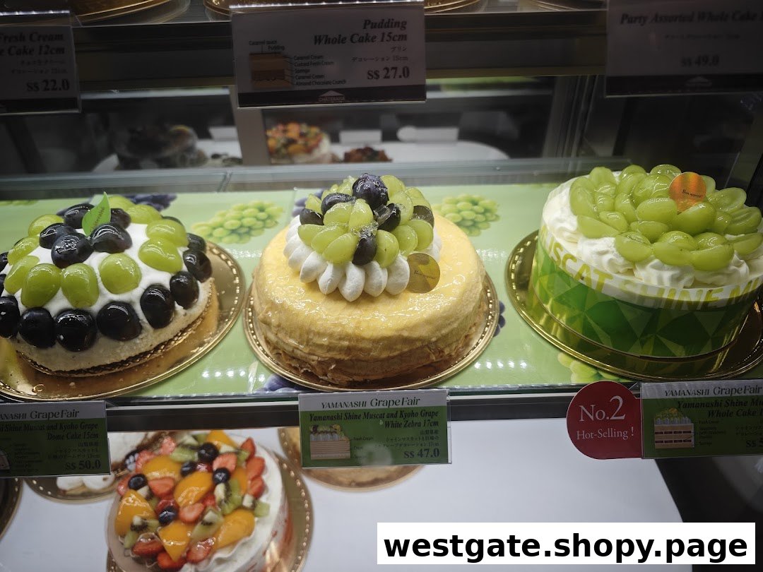 A vibrant display of fresh fruit cakes, including grape-themed desserts, in a chilled showcase.