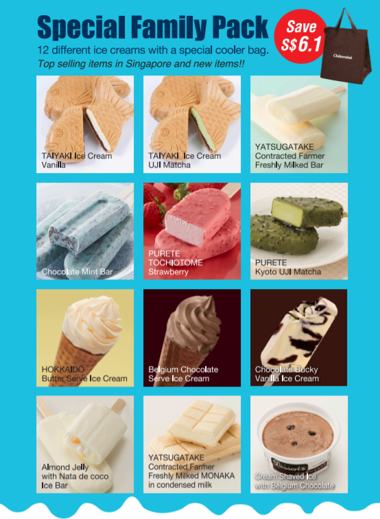 An advertisement showcasing Châteraisé's 'Special Family Pack' featuring 12 different ice creams and desserts.