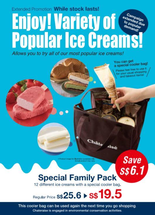 A promotional flyer for Châteraisé's Special Family Pack of popular ice creams with a cooler bag.