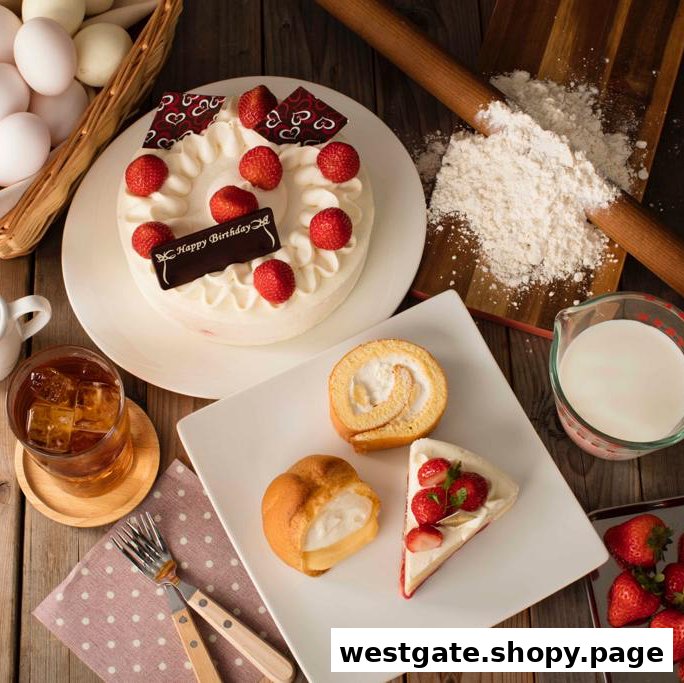 A delightful spread of Châteraisé desserts including a strawberry birthday cake, cream puff, and swiss roll.
