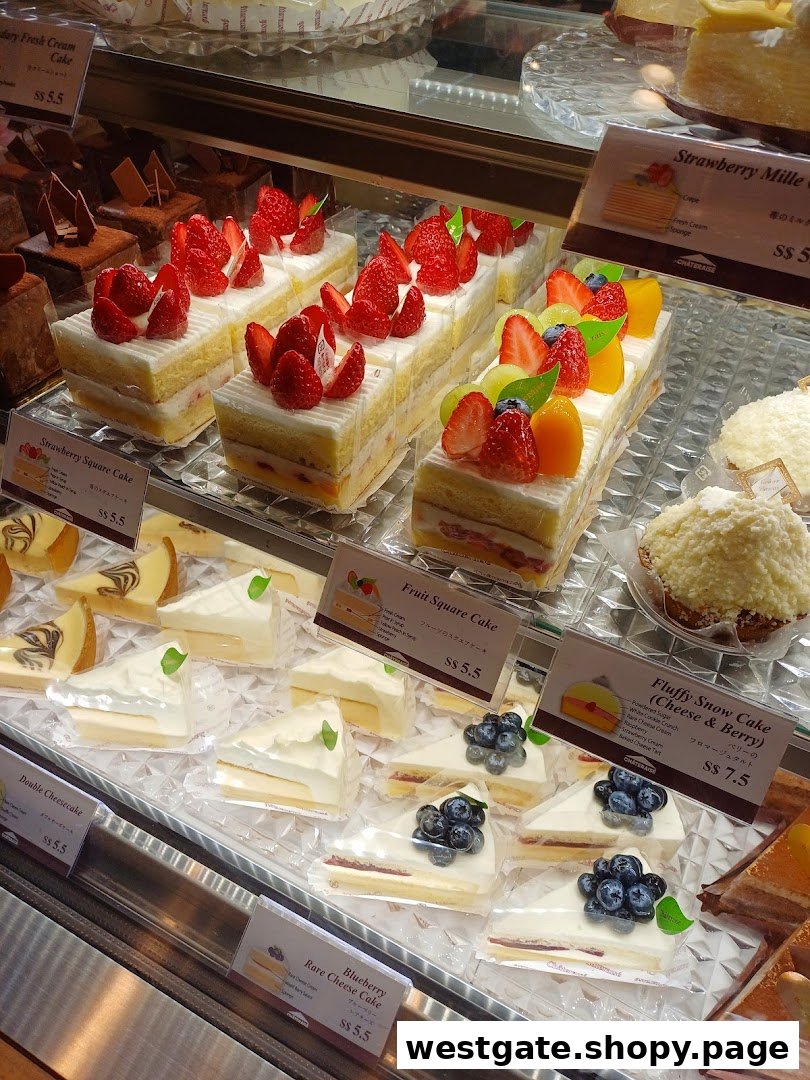A vibrant display of fresh cakes and pastries, including strawberry and fruit square cakes, in a chilled dessert case.