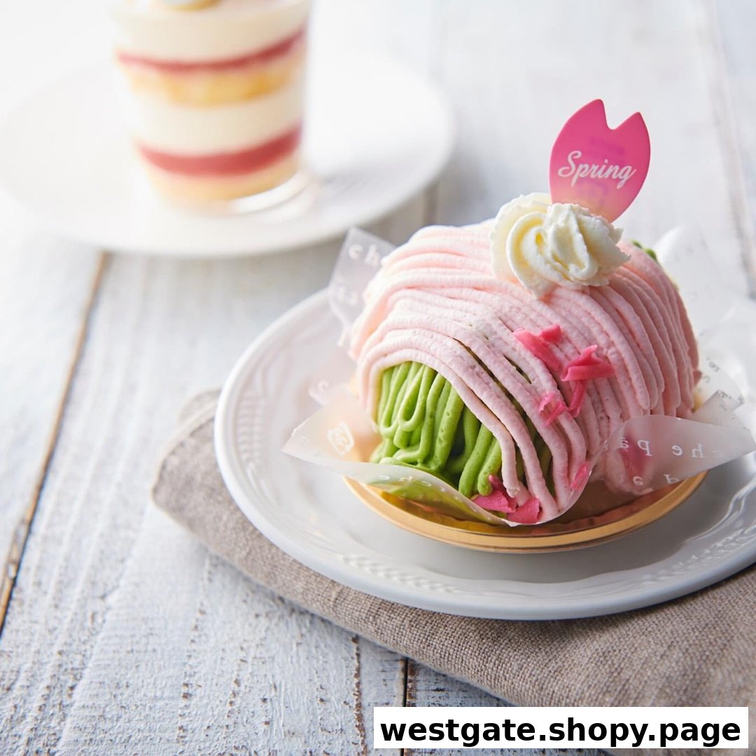 A beautifully crafted pink and green dessert, possibly a Mont Blanc, with a 'Spring' tag on a white plate.