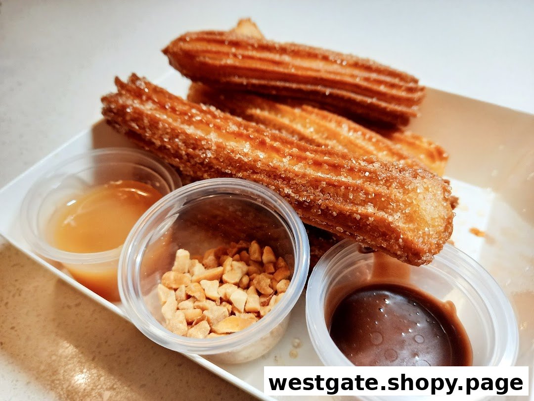 A plate of golden churros dusted with sugar, served with caramel, chocolate, and nut dips.