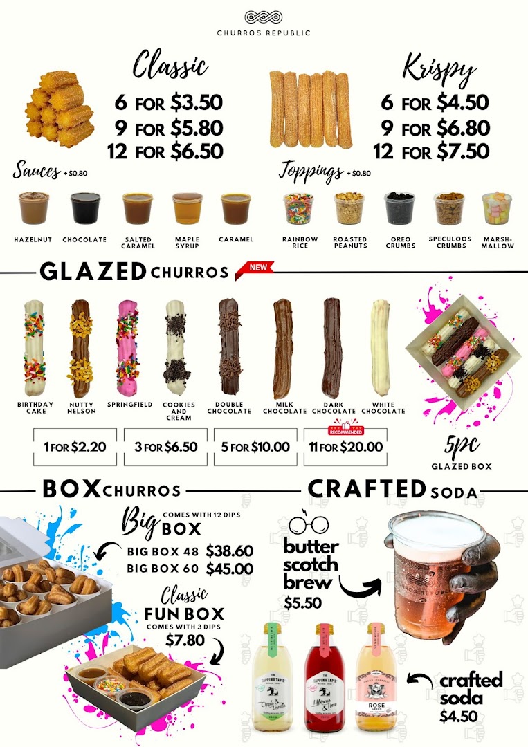 A comprehensive menu displaying various churro options, sauces, toppings, and crafted sodas from Churros Republic.