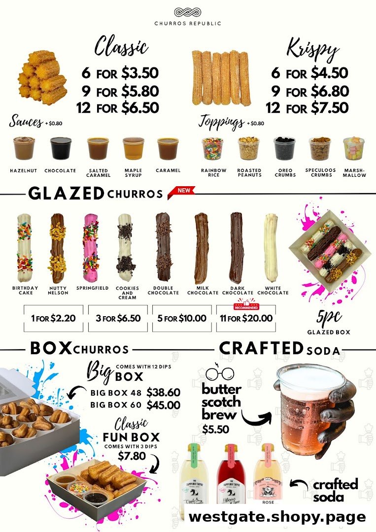A comprehensive menu displaying various churro options, sauces, toppings, and crafted sodas from Churros Republic.