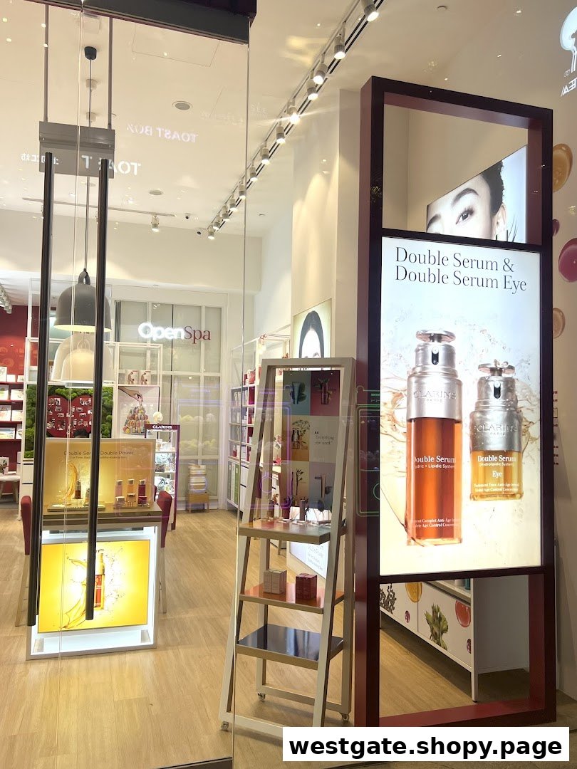 Entrance of Clarins Boutique showcasing skincare products and an 'Open Spa' area.