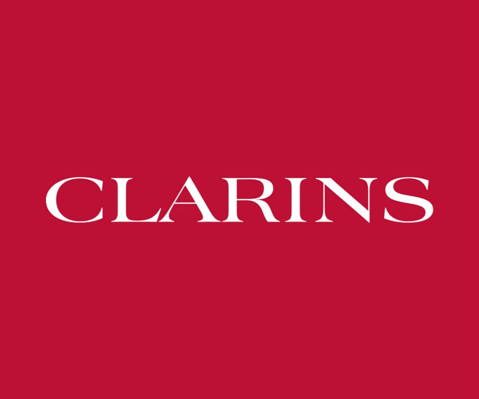 The Clarins logo, featuring white text on a vibrant red background.