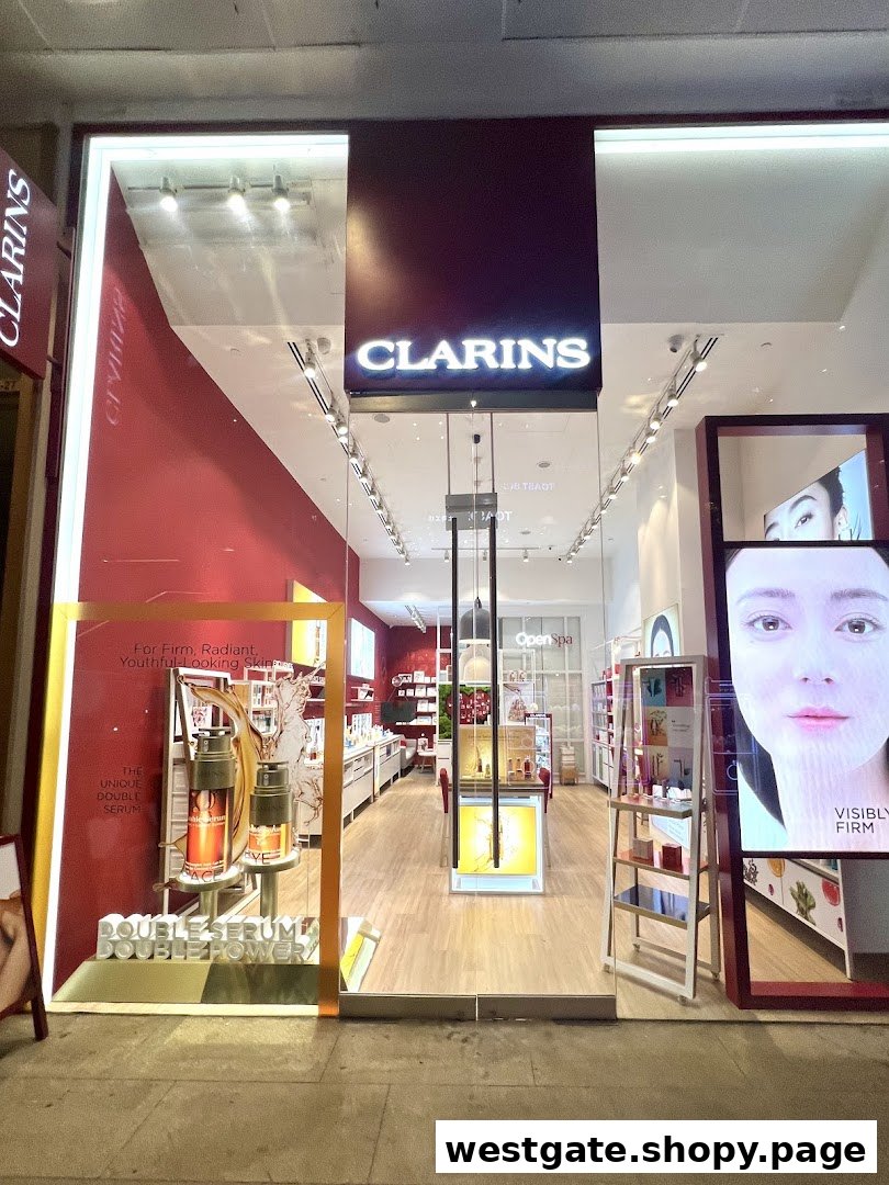 The Clarins boutique entrance showcasing skincare products and a welcoming interior.