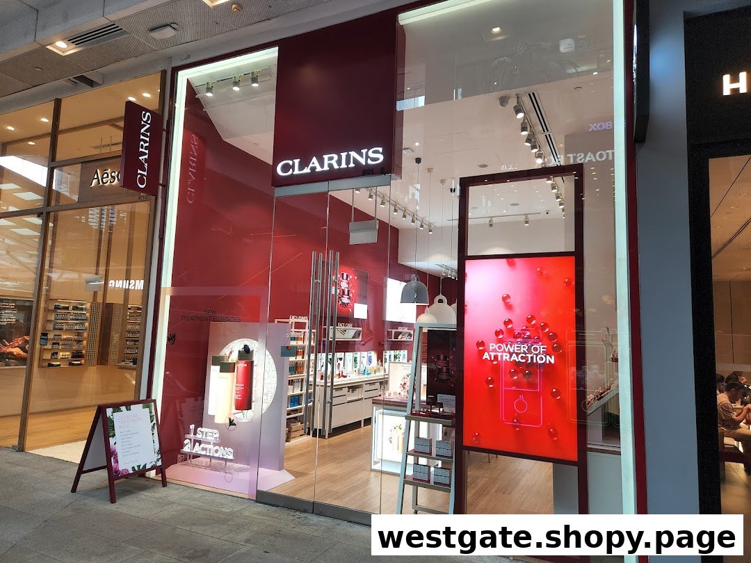 The inviting entrance of the Clarins boutique showcasing skincare products and promotions.