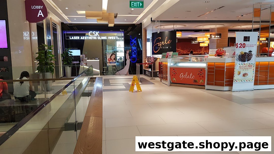 View of ClearSK Aesthetic Clinic's entrance and a nearby gelato counter within a shopping mall.