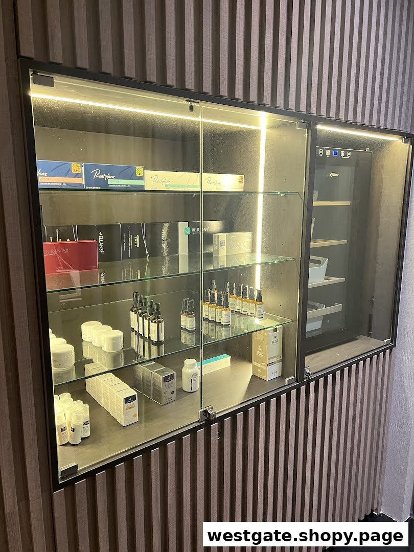 A brightly lit display cabinet showcasing various aesthetic and skincare products within the clinic.