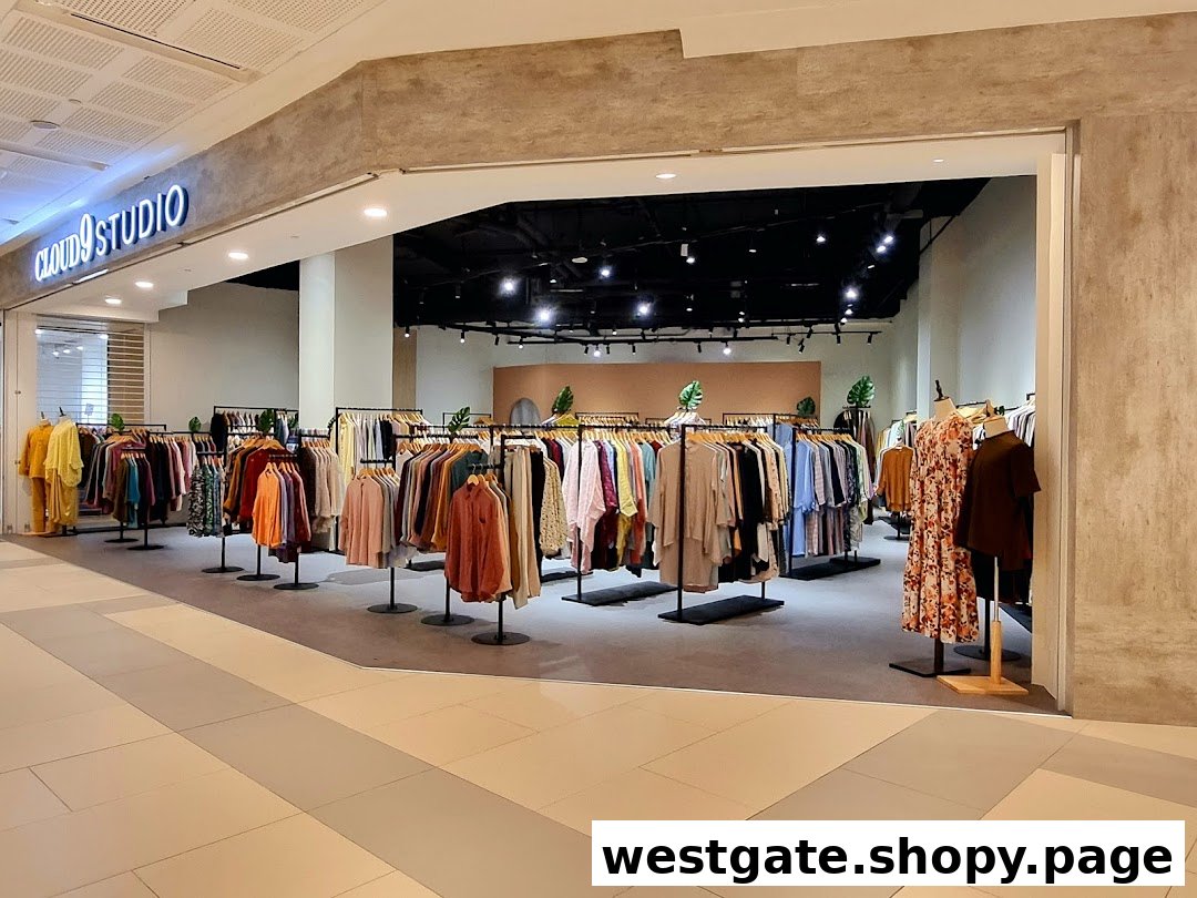 The Cloud 9 Studio shop entrance showcasing racks of stylish clothing and accessories.