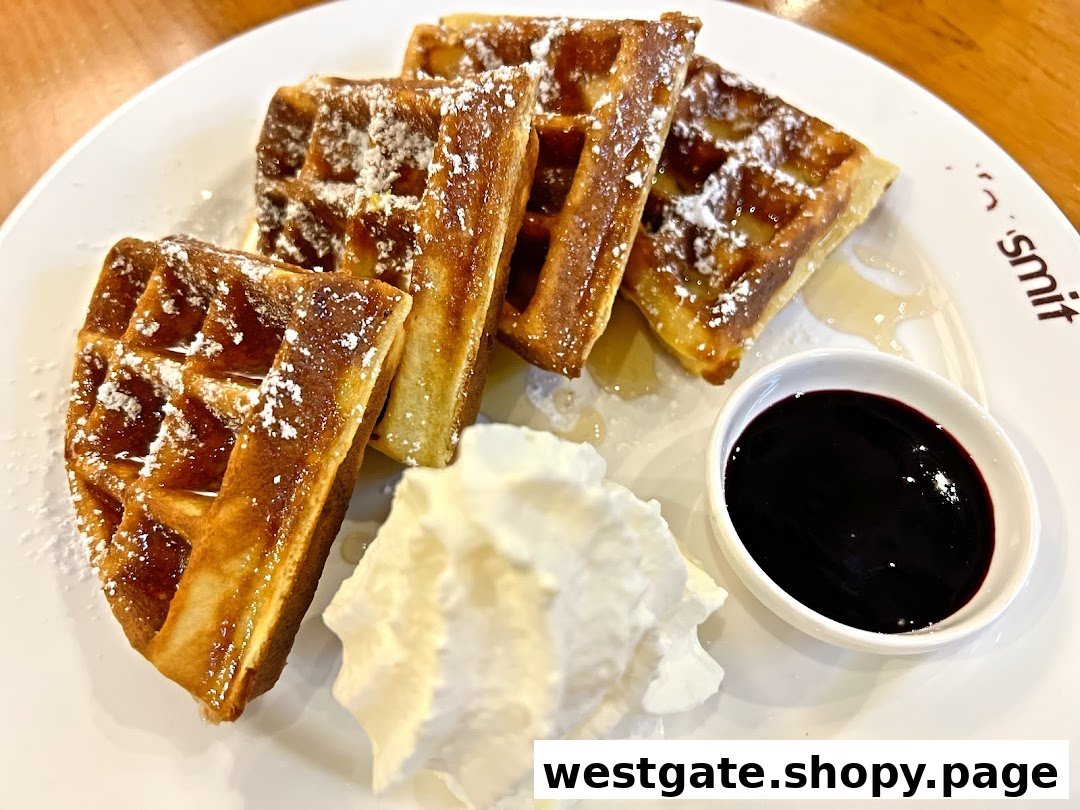Golden waffles with powdered sugar, whipped cream, and berry sauce on a white plate.