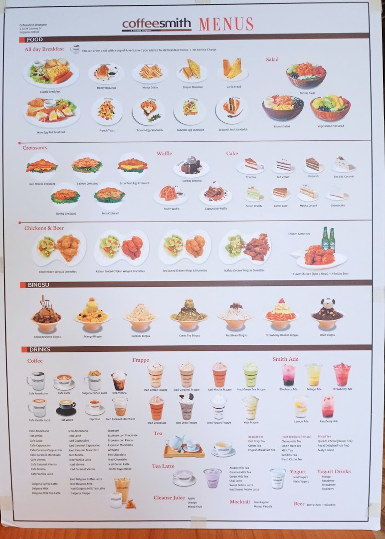 A comprehensive menu board from Coffeesmith, showcasing a wide array of food and beverage options.
