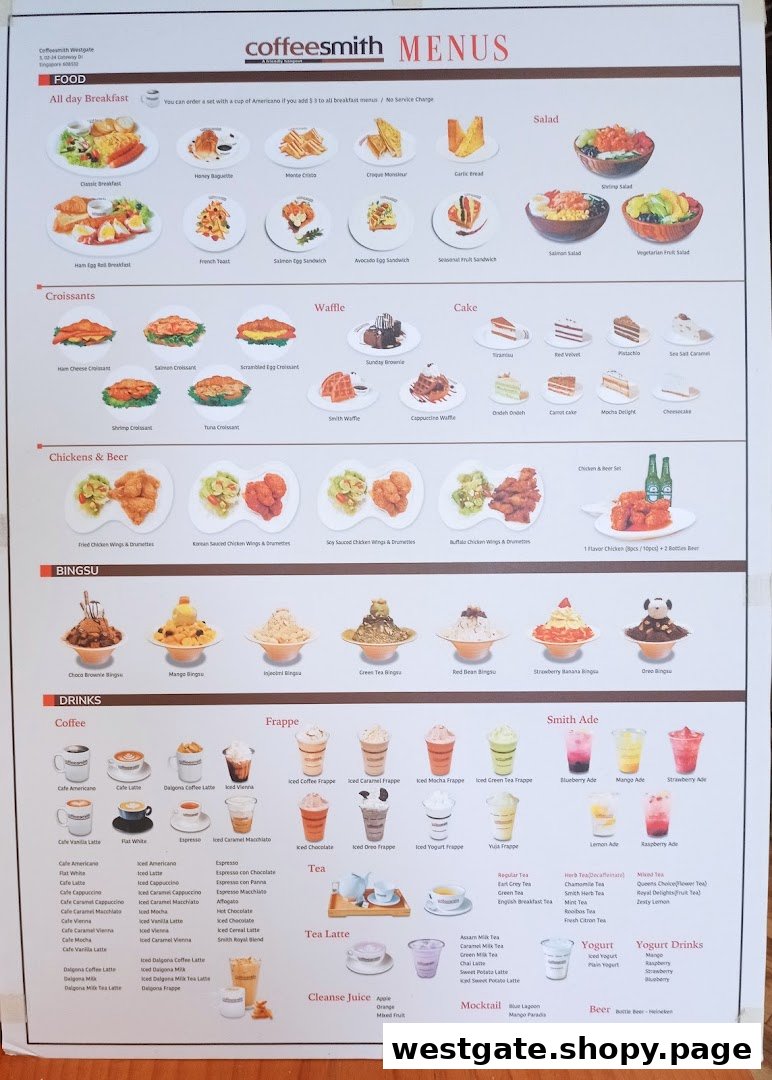 A comprehensive menu board from Coffeesmith, showcasing a wide array of food and beverage options.