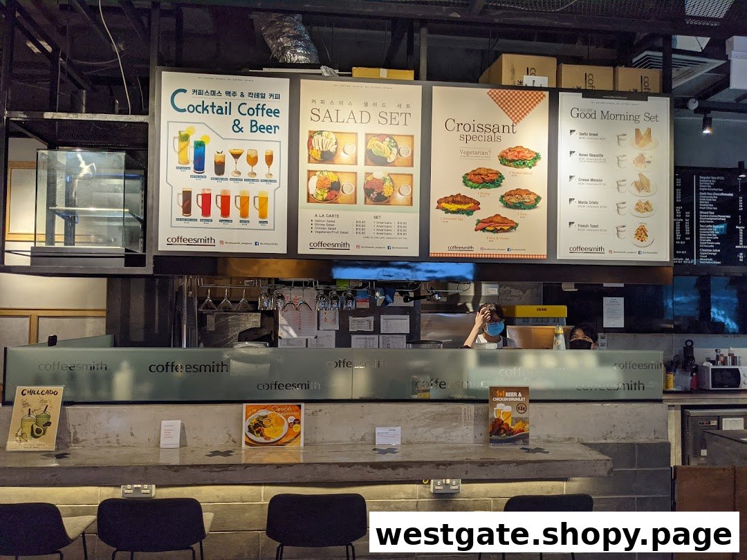 An interior shot of Coffeesmith's counter area, showcasing various menu boards for drinks and food.