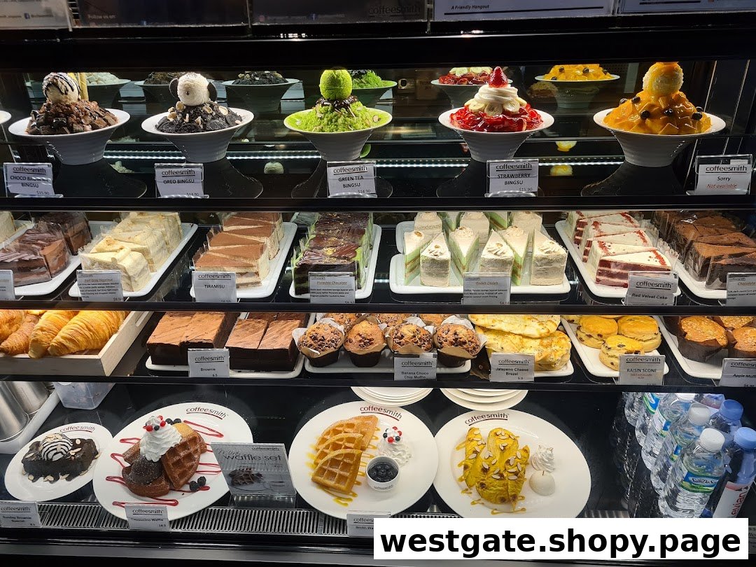 A vibrant display case showcasing a variety of delicious desserts, cakes, bingsoo, waffles, and pastries.