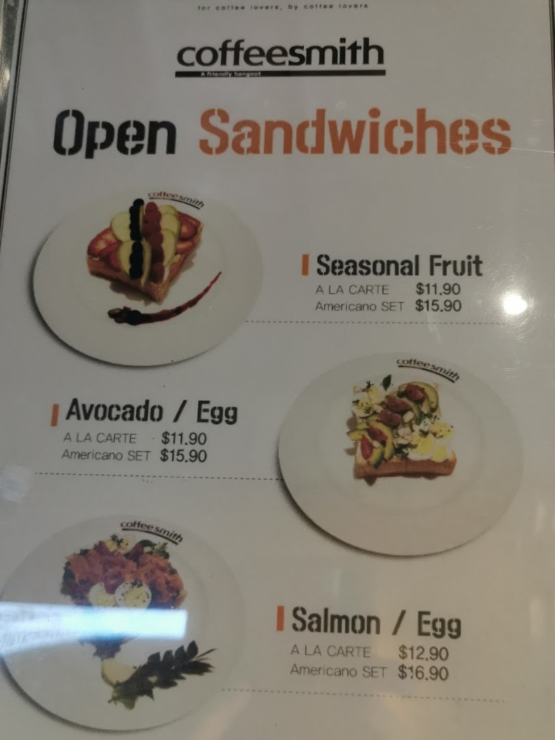 A menu displaying various 'Open Sandwiches' with prices and images at Coffeesmith.