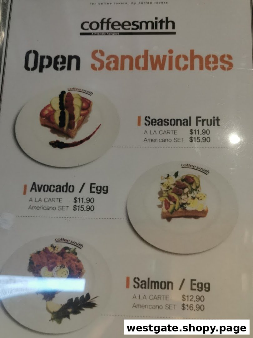 A menu displaying various 'Open Sandwiches' with prices and images at Coffeesmith.
