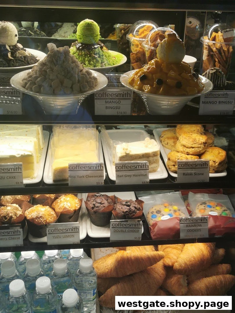 A vibrant display case showcasing Coffeesmith's selection of desserts, pastries, and refreshing bingsoo.