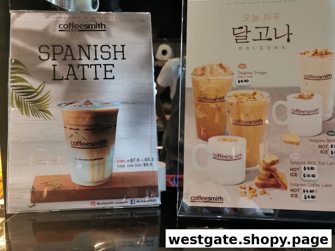 Two display stands showcasing Coffeesmith's Spanish Latte and Dalgona series drinks with prices.