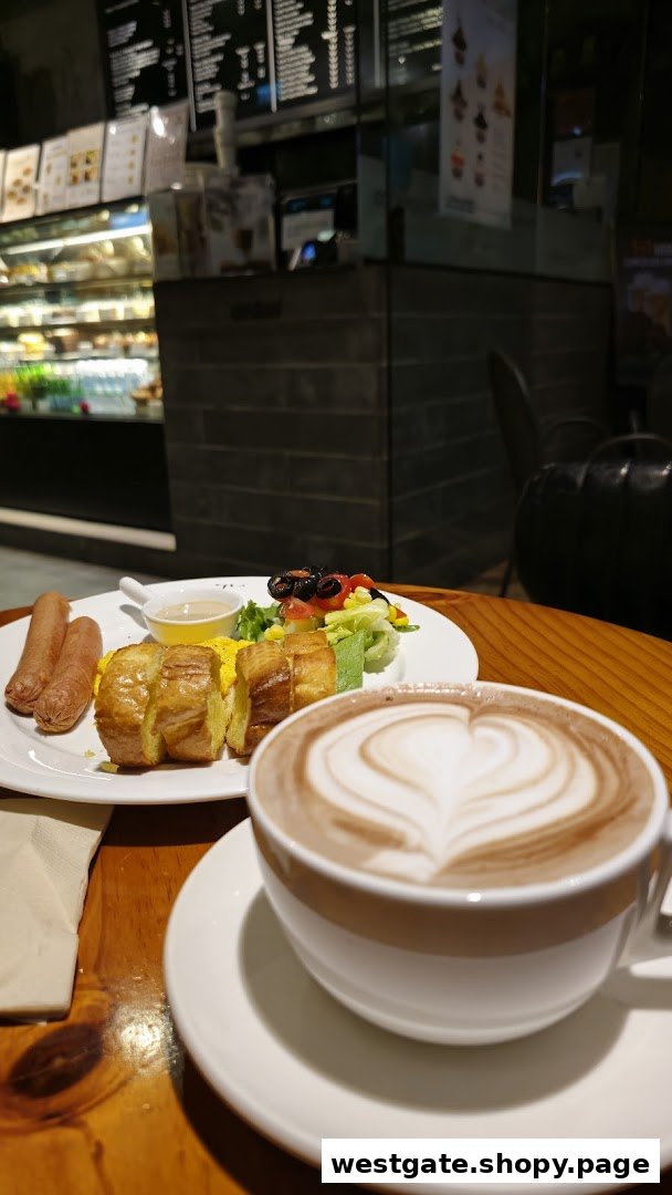A cozy shot of a hot chocolate with latte art and a breakfast plate on a wooden table.