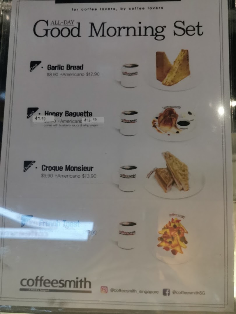 A menu board displaying Coffeesmith's All-Day Good Morning Set with various breakfast items.