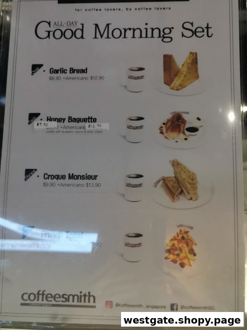 A menu board displaying Coffeesmith's All-Day Good Morning Set with various breakfast items.