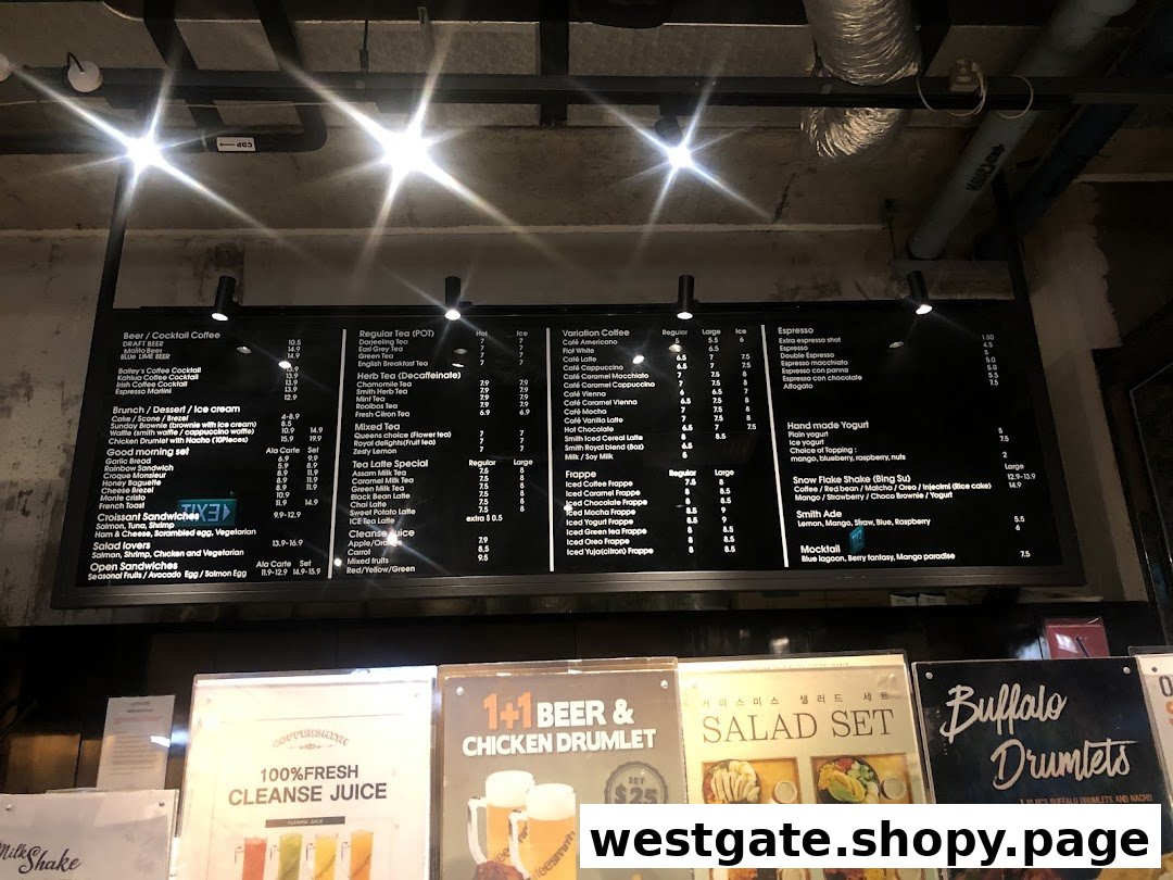 A detailed digital menu board for Coffeesmith, displaying various coffee, tea, dessert, and food options with prices.