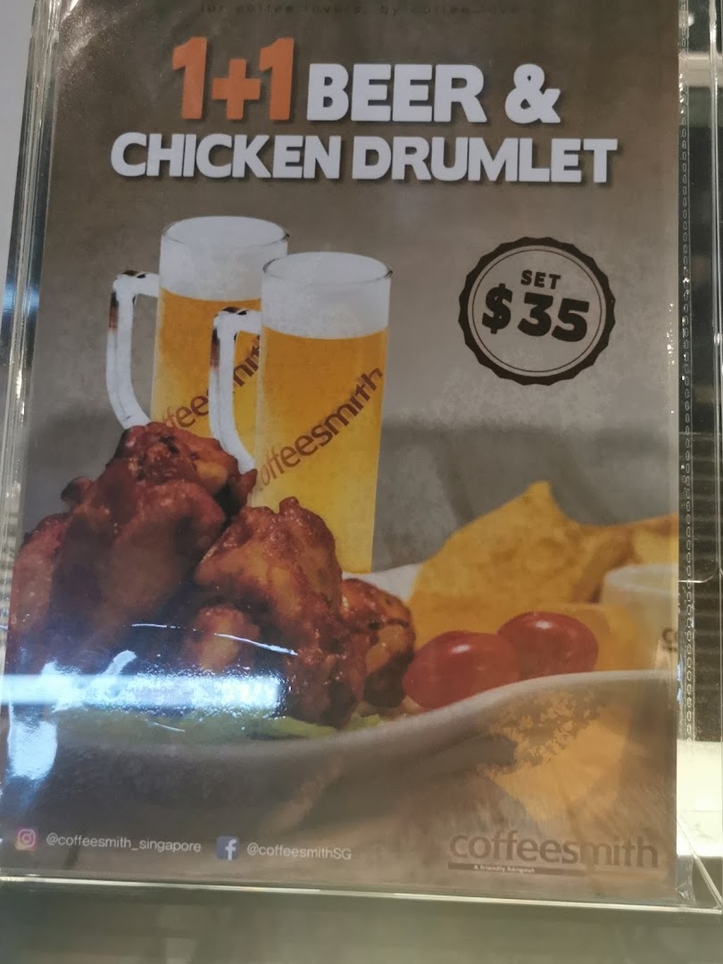 A promotional poster for Coffeesmith's 1+1 Beer & Chicken Drumlet set for $35.