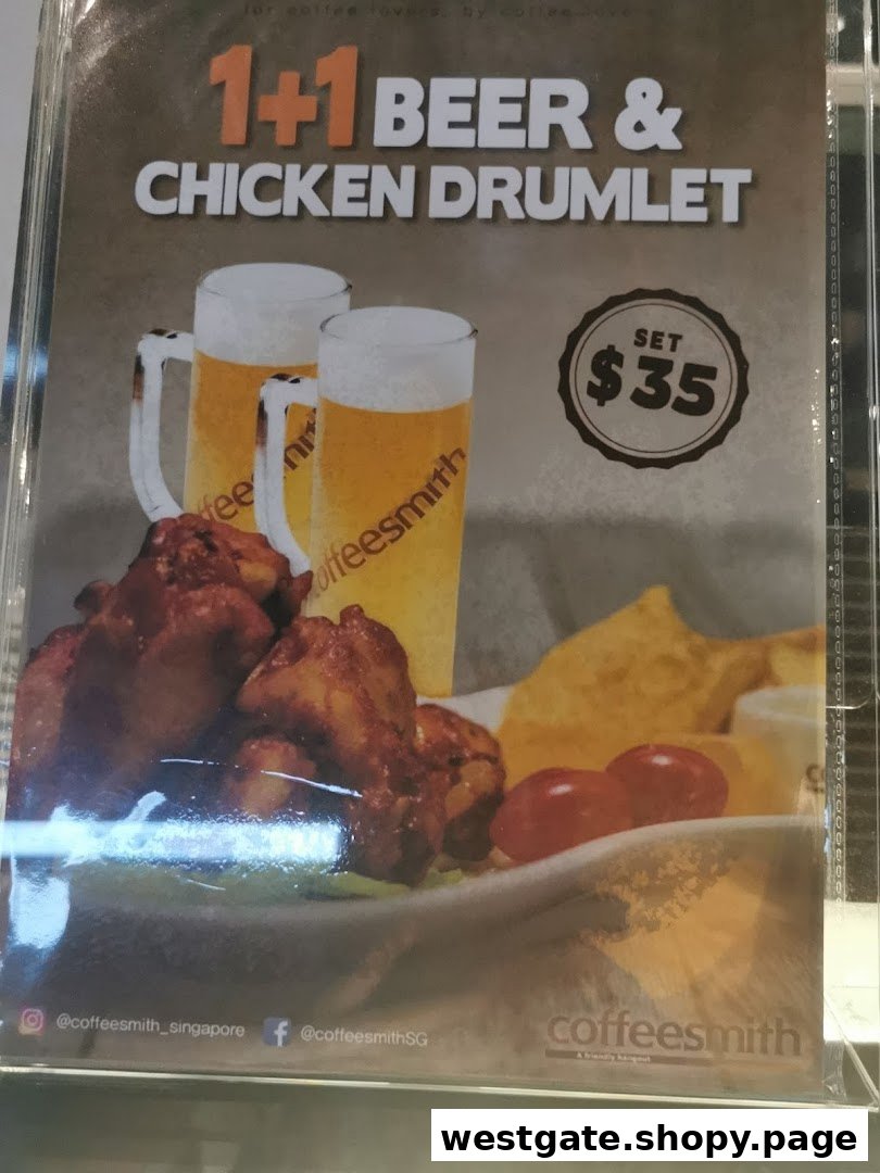 A promotional poster for Coffeesmith's 1+1 Beer & Chicken Drumlet set for $35.