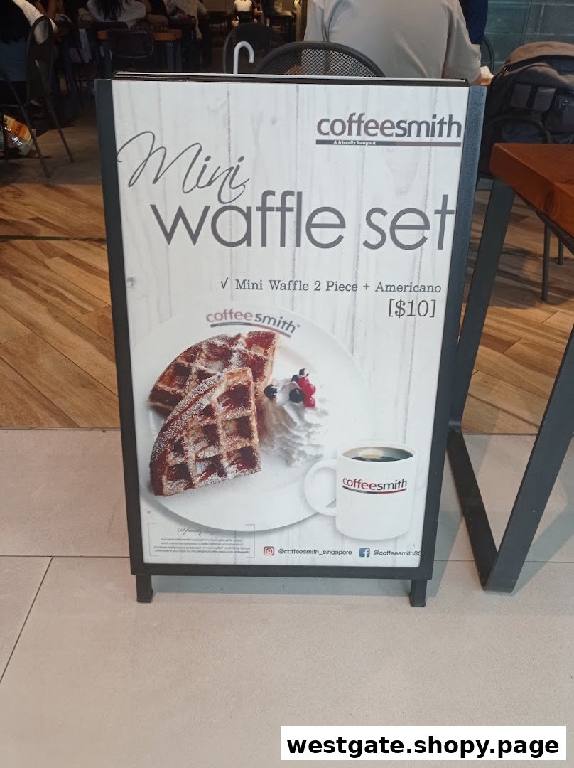 An A-frame sign outside Coffeesmith advertising a Mini Waffle Set with Americano for $10.