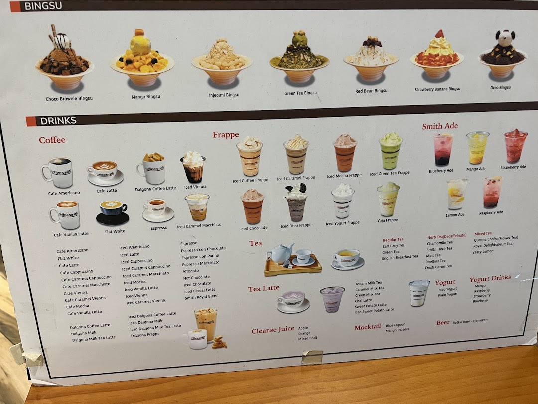 A detailed menu board displaying various Bingsu, coffee, frappe, tea, and other beverages.