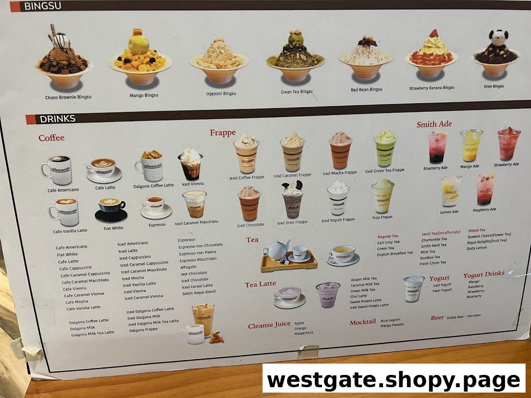 A detailed menu board displaying various Bingsu, coffee, frappe, tea, and other beverages.